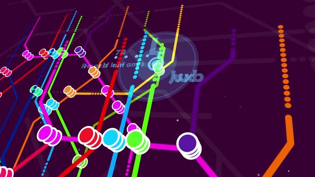 An abstract metro map system cartoon with several multicoloredl lines and stations, shown in piles, dazzling letters and digits, changing rapidly, in the violet background with a grid