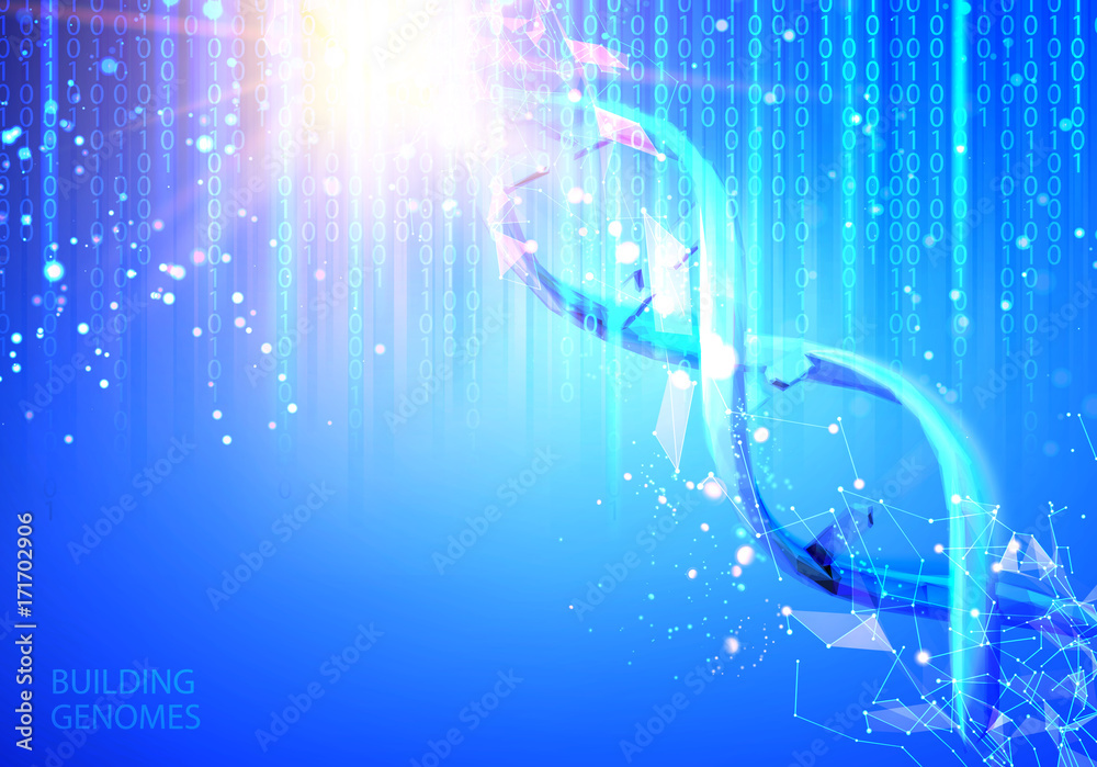 Poster Scince illustration of bigdata with DNA molecule. Abstract binary code in matrix style over blue background. Dna bigdata visualization. Vector illustration.