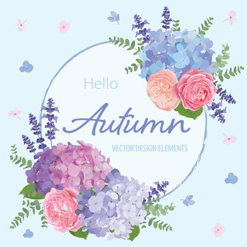 Floral frame with autumn hydrangea flowers, rose, lavender, and leaf on blue in the background. Vector set of blooming flower for your design. Adornment for wedding invitations and greeting card. 