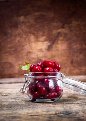 Ripe Cornel Berries Small Jar Autumn Harvest