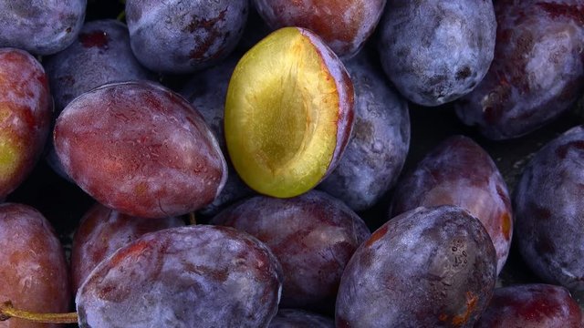 Slate slab with fresh Plums (4K footage; not loopable)