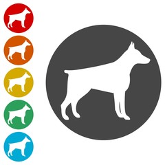 Doberman dog silhouette, side view, vector icons set 