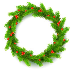 Fototapeta na wymiar Traditional Christmas wreath made of green fir branches with red berries of viburnum, isolated on a white background. 3D illustration