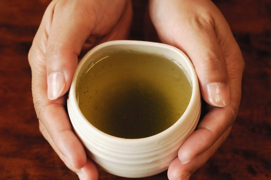 緑茶./温かい緑茶を手にしています.