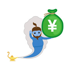 Cartoon Genie Holding a Yen Currency Bag