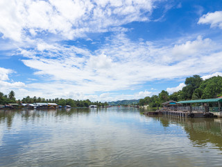 Landscape of nature blue sky and white clouds with clear water river with reflection on the river in a summer day, Asian style 