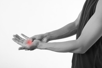 Young man pain in the palm on white background.