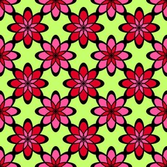 Geometric abstract seamless texture with floral design.  Abstract green and red   background  with  flower design