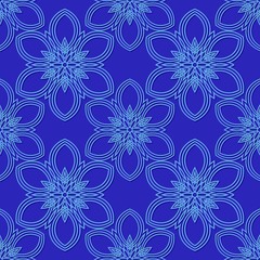 Naklejka na ściany i meble Geometric abstract seamless texture with floral design. Abstract blue background with flower design