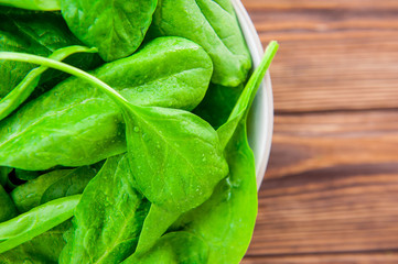 Fresh spinach leaves with water drops in ceramic bowl on the dark rustic wooden background. Selective focus. Space for text.