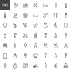 Barber shop line icons set, outline vector symbol collection, linear style pictogram pack. Signs, logo illustration. Set includes icons as brush, hair pin, comb, hairbrush, razor, beard, scissors