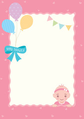 Baby shower frame design with baby girl on pink background.