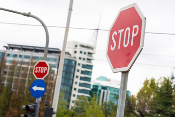 Red stop sign in a city