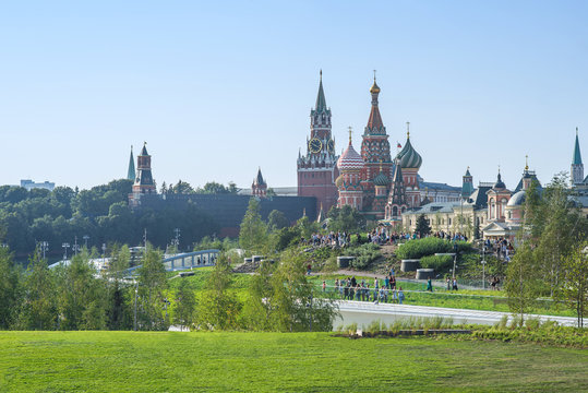 Gorgeous view on Kremlin from new and modern Zaryadye park in Moscow, Russia