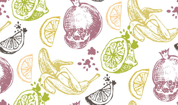 Hand drawn doodle summer pattern with lemonade. Summer drink. Garnet and banana.