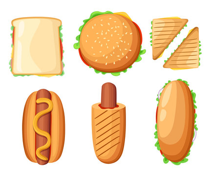 Fast food restaurant menu colorful icons collection with hotdog pizza chicken drumsticks ketchup and milkshake isolated vector illustration Web site page and mobile app design vector element