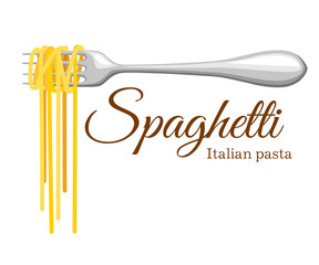 Pasta roll on the fork. Italian pasta with fork silhouette. Black fork with spaghetti on the yellow background. Hand holding a fork with spaghetti. - obrazy, fototapety, plakaty