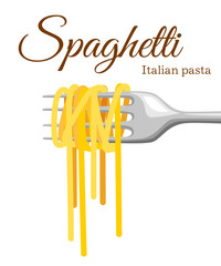 Pasta roll on the fork. Italian pasta with fork silhouette. Black fork with spaghetti on the yellow background. Hand holding a fork with spaghetti.