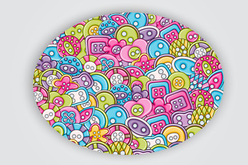 Sewing buttons handmade craft concept in 3d cartoon doodles background design. Hand drawn colorful vector illustration.