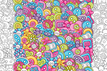 Sewing buttons handmade craft concept cartoon doodles background design. Hand drawn black and white outline coloring page vector illustration.