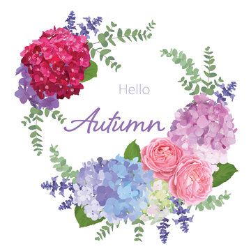 Floral frame with autumn hydrangea flowers, rose, lavender, and leaf on white background. Vector set of blooming flower for your design. Adornment for wedding invitations and greeting card. 