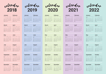 Year 2018 2019 2020 2021 2022 calendar vector