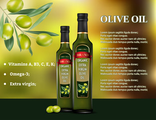 Olive oil products ad. Vector 3d illustration. Cooking olive oil glass bottle template design. Oil bottle advertisement poster layout