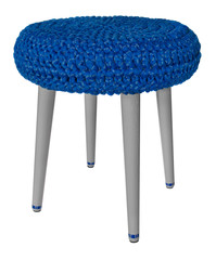 Handmade stool wooden gray with blue pattern. Round seat with blue woolen material.