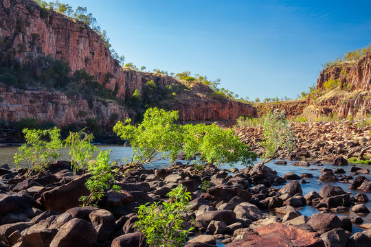 Rocks and vegetation are blocking the river at Katherine Gorge, Northern Territory, Australia