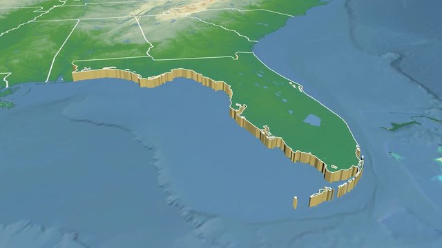 Florida state (USA) extruded on the physical map of North America