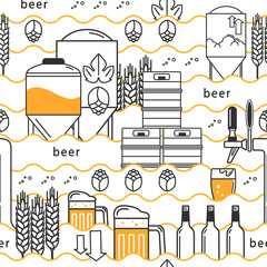 Beer tap, mug, glass with beer, kegs, bottles, equipment for brewery, hops, wheat. Linear seamless pattern on white background. Vector illustration. - 171721197