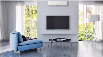 Modern bright empty room with air conditioning, white wall. 3D rendering