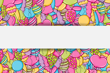 Balloons birthday and celebration concept in 3d cartoon doodles background design. Hand drawn colorful vector illustration.