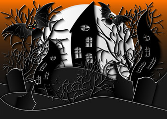 Halloween vector illustration. Dark dancing houses, cemetery, trees and bats on night moon background. Paper cut out style.