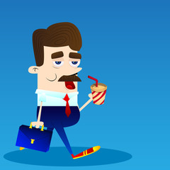 Business Office Employee Busy At Work. Cartoon Character Businessman With Coffee And Briefcase.