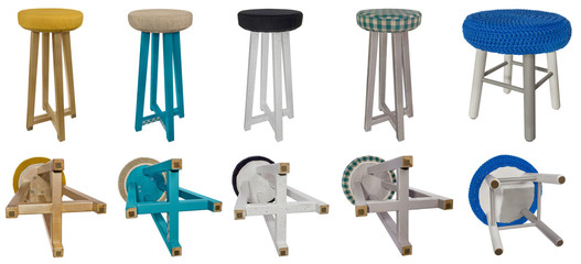 Handmade stool wooden multicolored patterns. Multicolor seats of different materials and various designs.