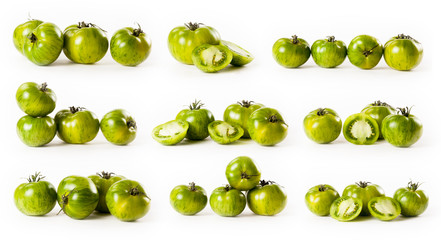 composite with green tomatoes on white background