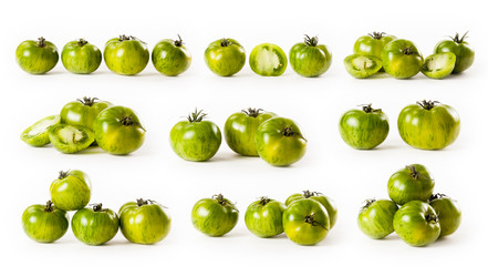 composite with green tomatoes on white background