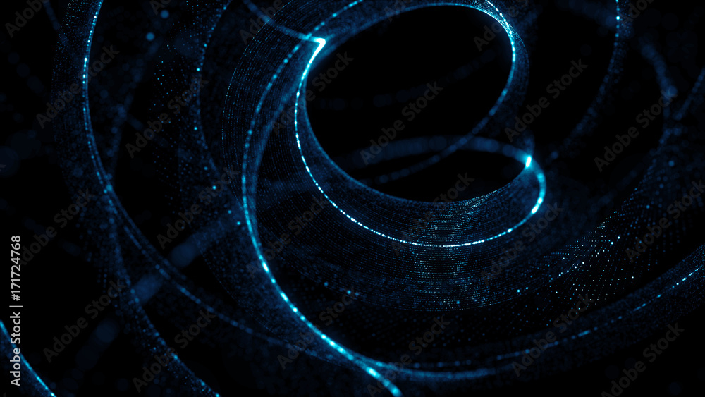 Poster 3d rendering spiral particle background. twist shape made of small random particle dots. high detail