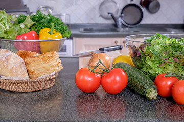 Healthy food concept with fresh vegetables and ingredients for cooking. Top view with copy space.