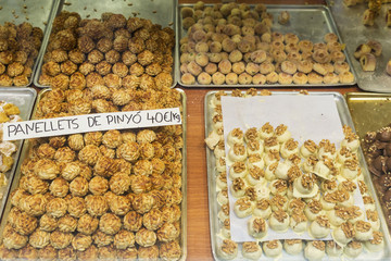 Assortment of panellets in a pastry shop