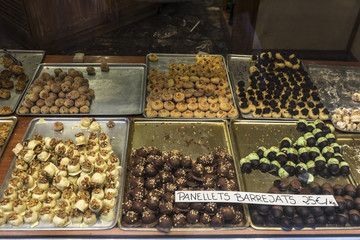 Assortment of panellets in a pastry shop