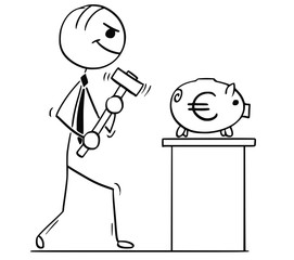 Cartoon Illustration of Business Men with Hammer and Euro Piggy Bank