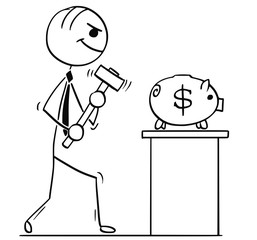 Cartoon Illustration of Business Men with Hammer and Dollar Piggy Bank