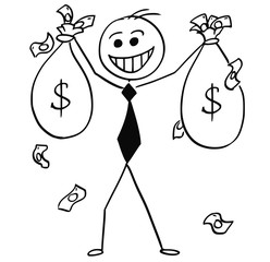 Cartoon Illustration of Happy Business Man with Money Bags in Hands