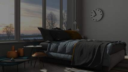 Colored modern blue and orange bedroom with big panoramic window, sunset, sunrise, night scene architecture minimalist interior design