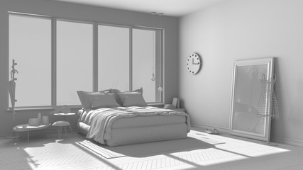 Total white project of modern bedroom with big panoramic window, architecture minimalist interior design