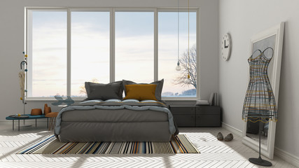 Colored modern white bedroom with big panoramic window, sunset, sunrise, architecture minimalist interior design