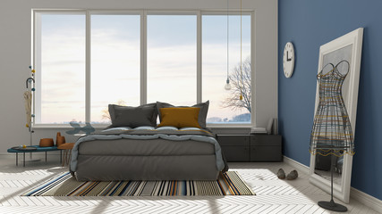 Colored modern white and blue bedroom with big panoramic window, sunset, sunrise, architecture minimalist interior design