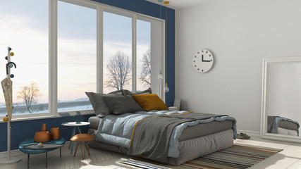 Colored modern white and blue bedroom with big panoramic window, sunset, sunrise, architecture minimalist interior design